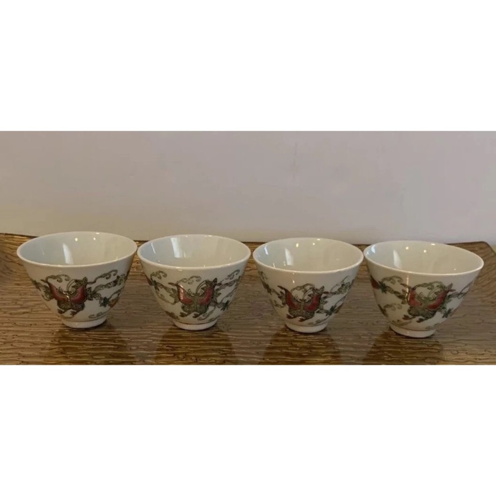 Vintage Set Of 4 Chinese Jingdezhen Porcelain Hand Painted Butterfly Tea Cups